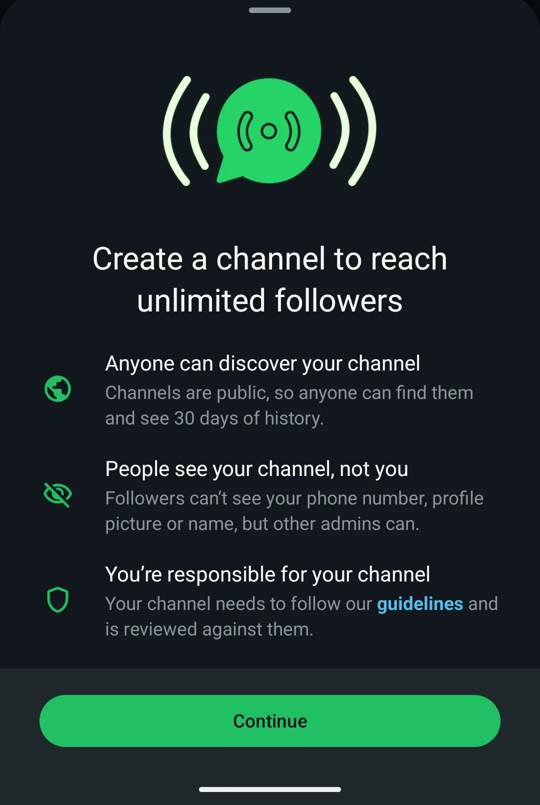 Pantalla de creación de canal de WhatsApp: alcance ilimitado, canal público con 30 días de historial y privacidad del perfil