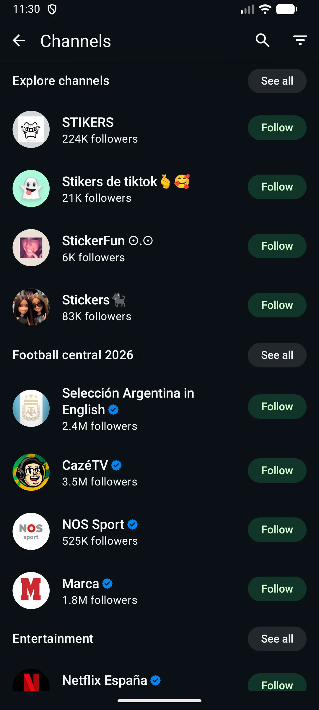 Directorio de canales de WhatsApp con canales sugeridos por categoría y botones de Seguir